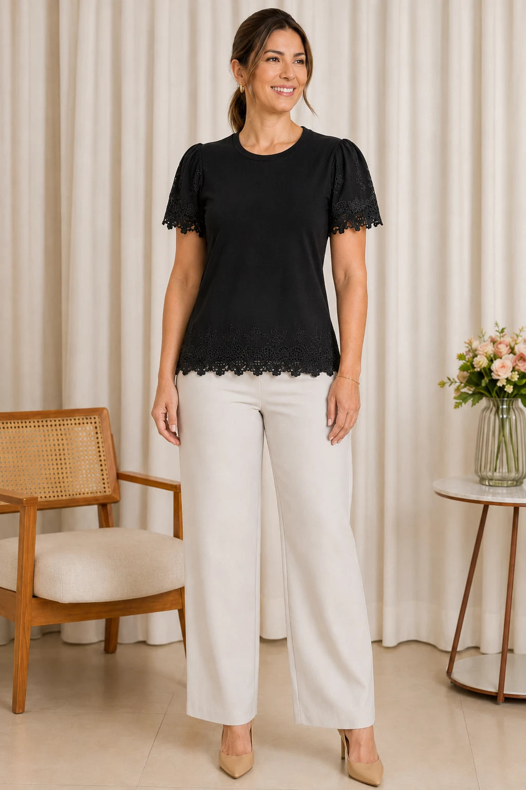 Blusa Cotton Lycra com Manga Delicada Leia Preta