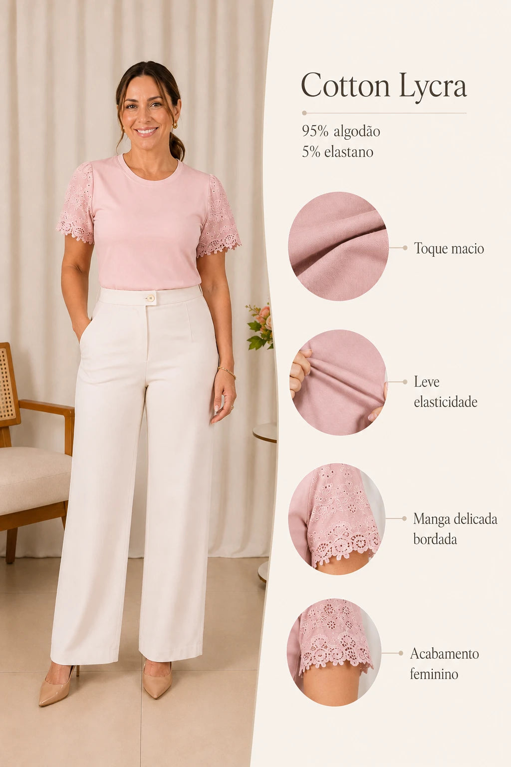 Blusa Cotton Lycra com Manga Delicada Leia Rosa