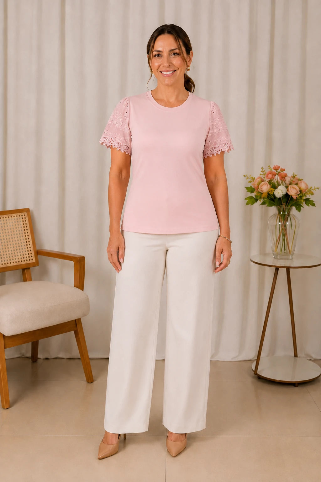 Blusa Cotton Lycra com Manga Delicada Leia Rosa