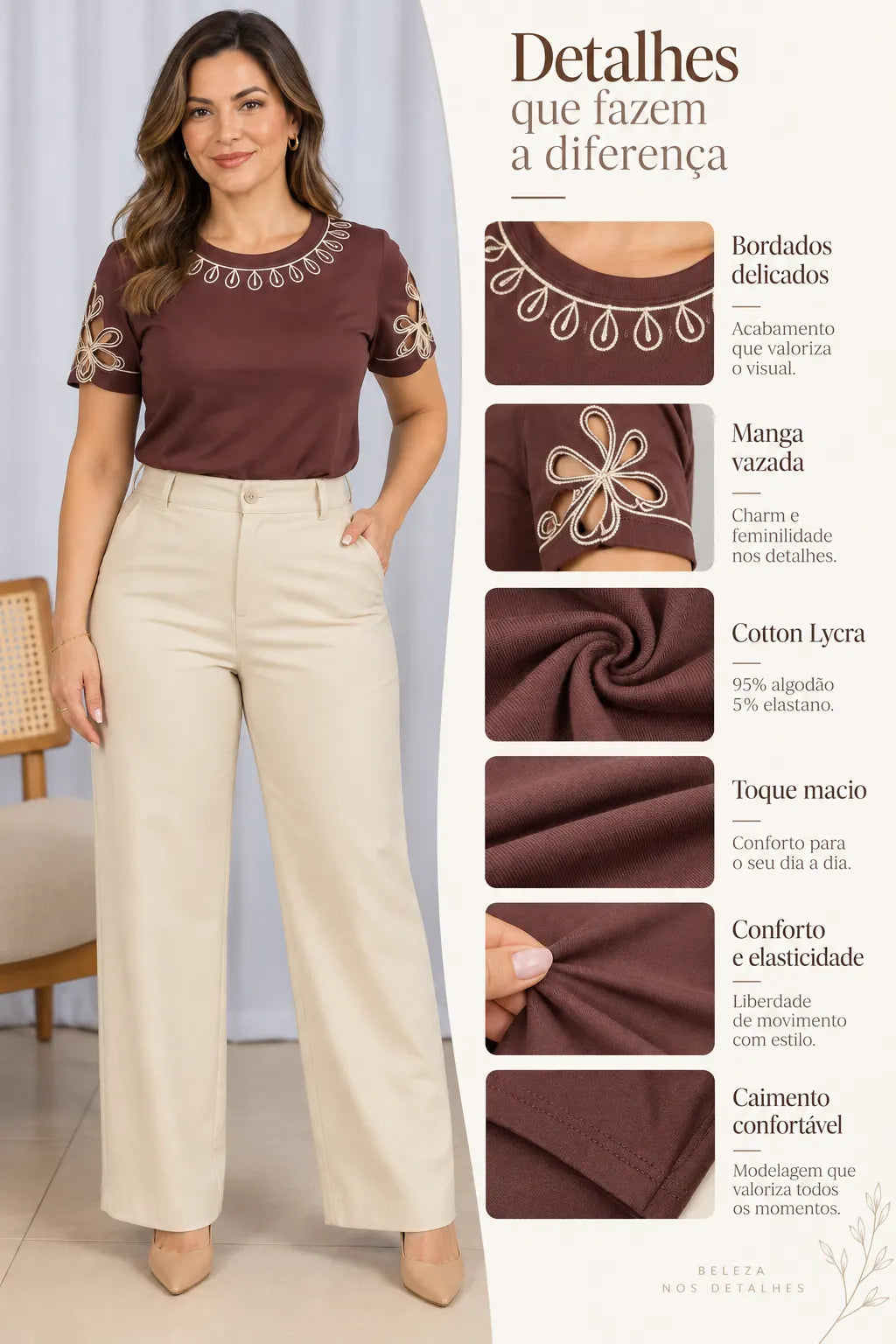 Blusa Confortável em Cotton Lycra com Bordados e Manga Vazada Ligia Marrom