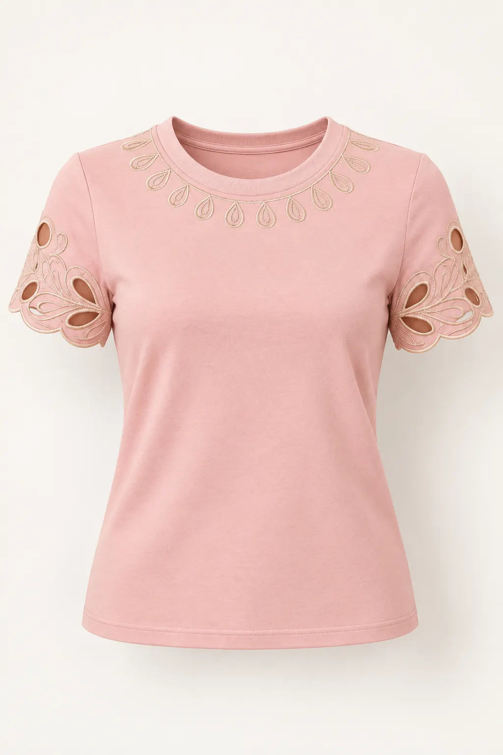 Blusa Confortável em Cotton Lycra com Bordados e Manga Vazada Ligia Rosa