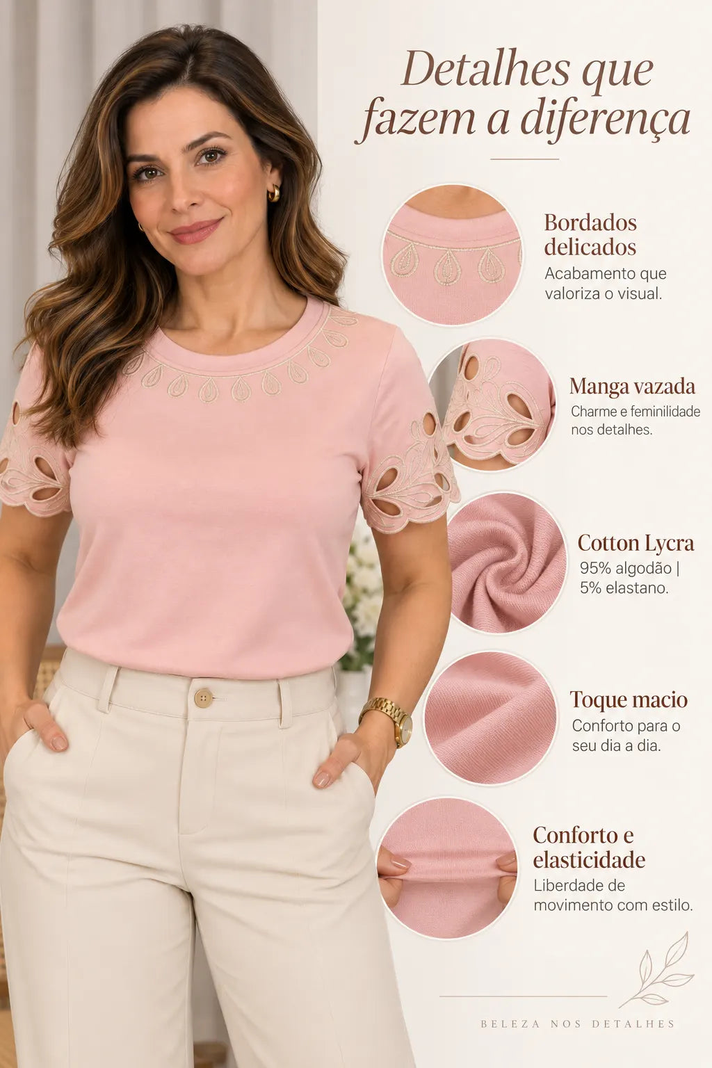 Blusa Confortável em Cotton Lycra com Bordados e Manga Vazada Ligia Rosa