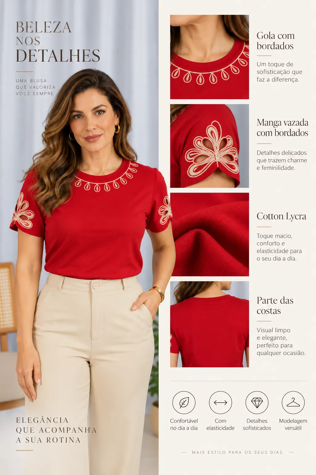 Blusa Confortável em Cotton Lycra com Bordados e Manga Vazada Ligia Vermelha