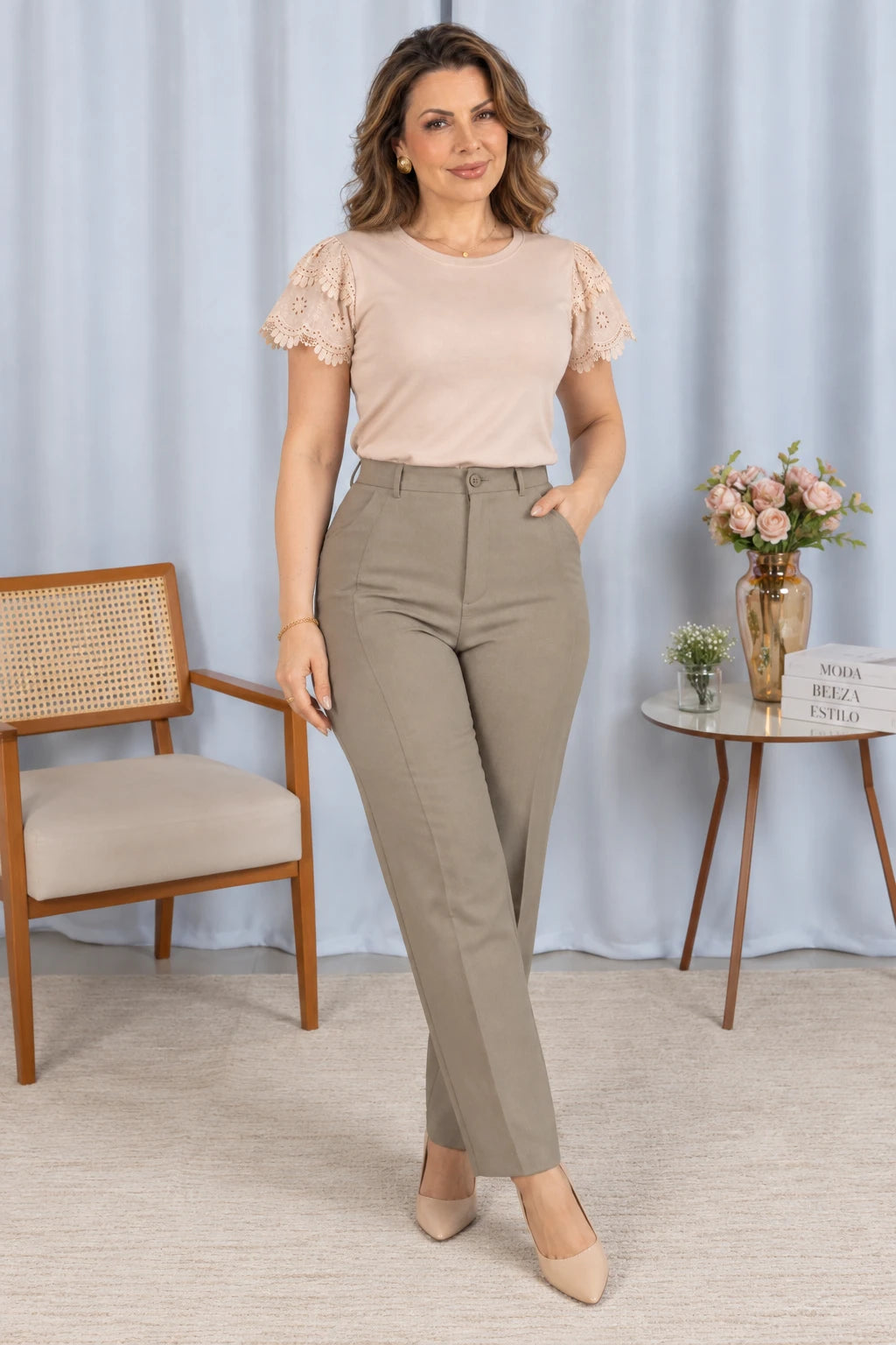 Blusa Cotton Lycra com Manga em Laise Delicado Lisandra Bege