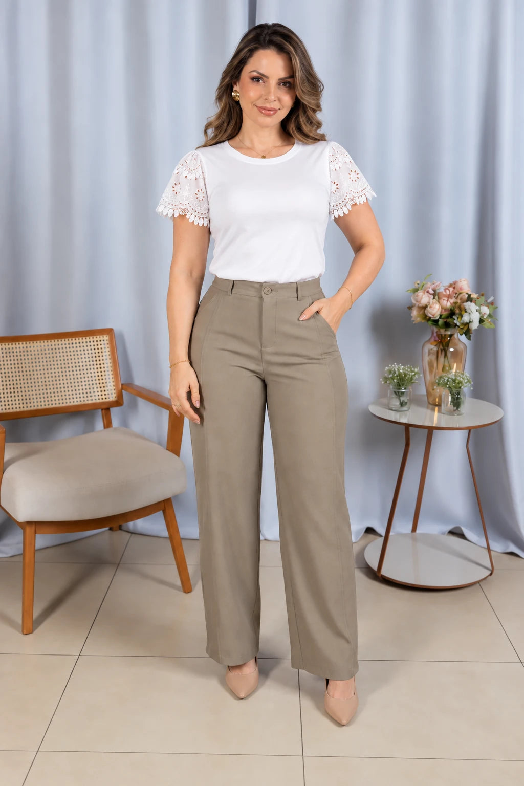Blusa Cotton Lycra com Manga em Laise Delicado Lisandra Branca