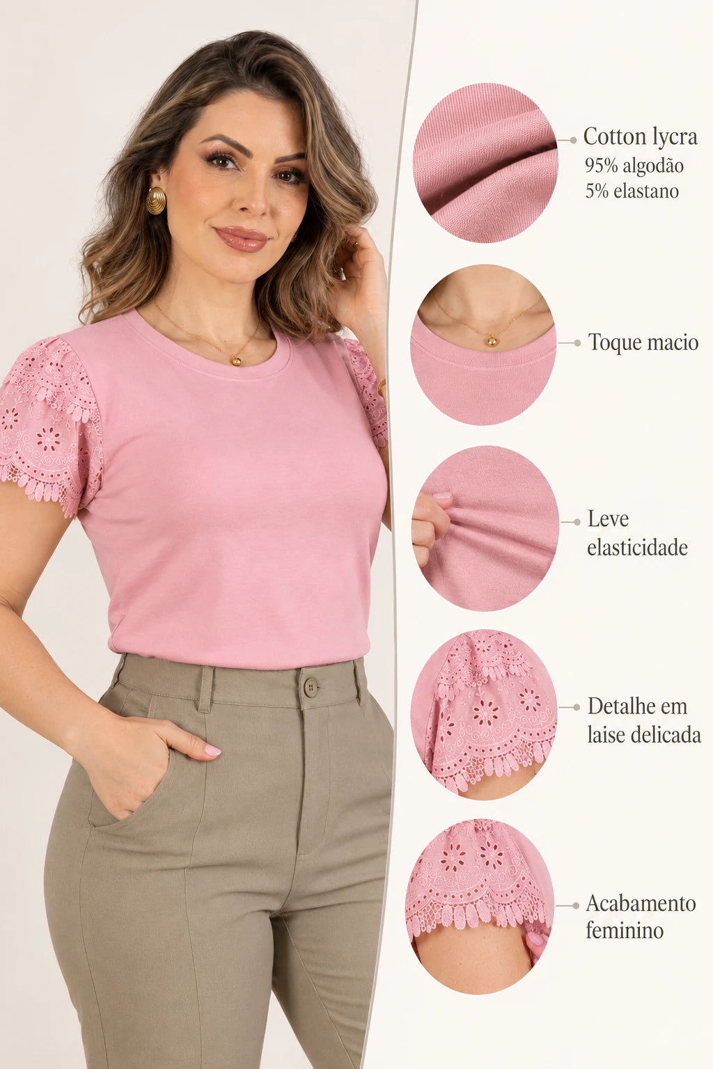 Blusa Cotton Lycra com Manga em Laise Delicado Lisandra Rosa