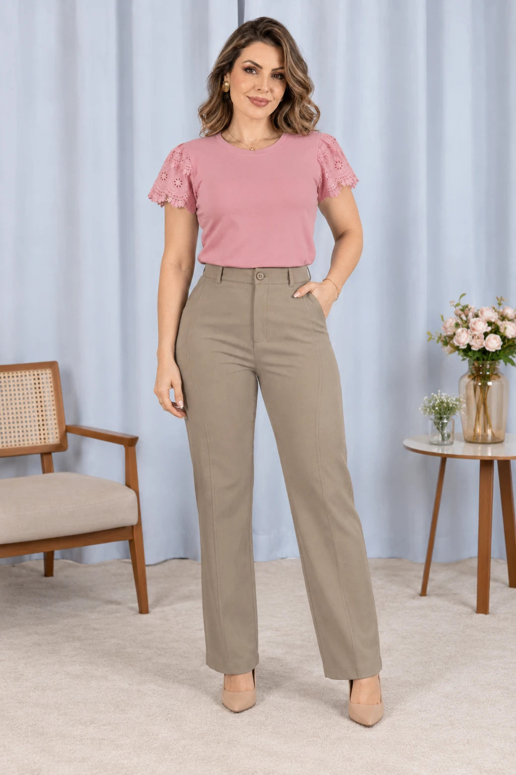 Blusa Cotton Lycra com Manga em Laise Delicado Lisandra Rosa