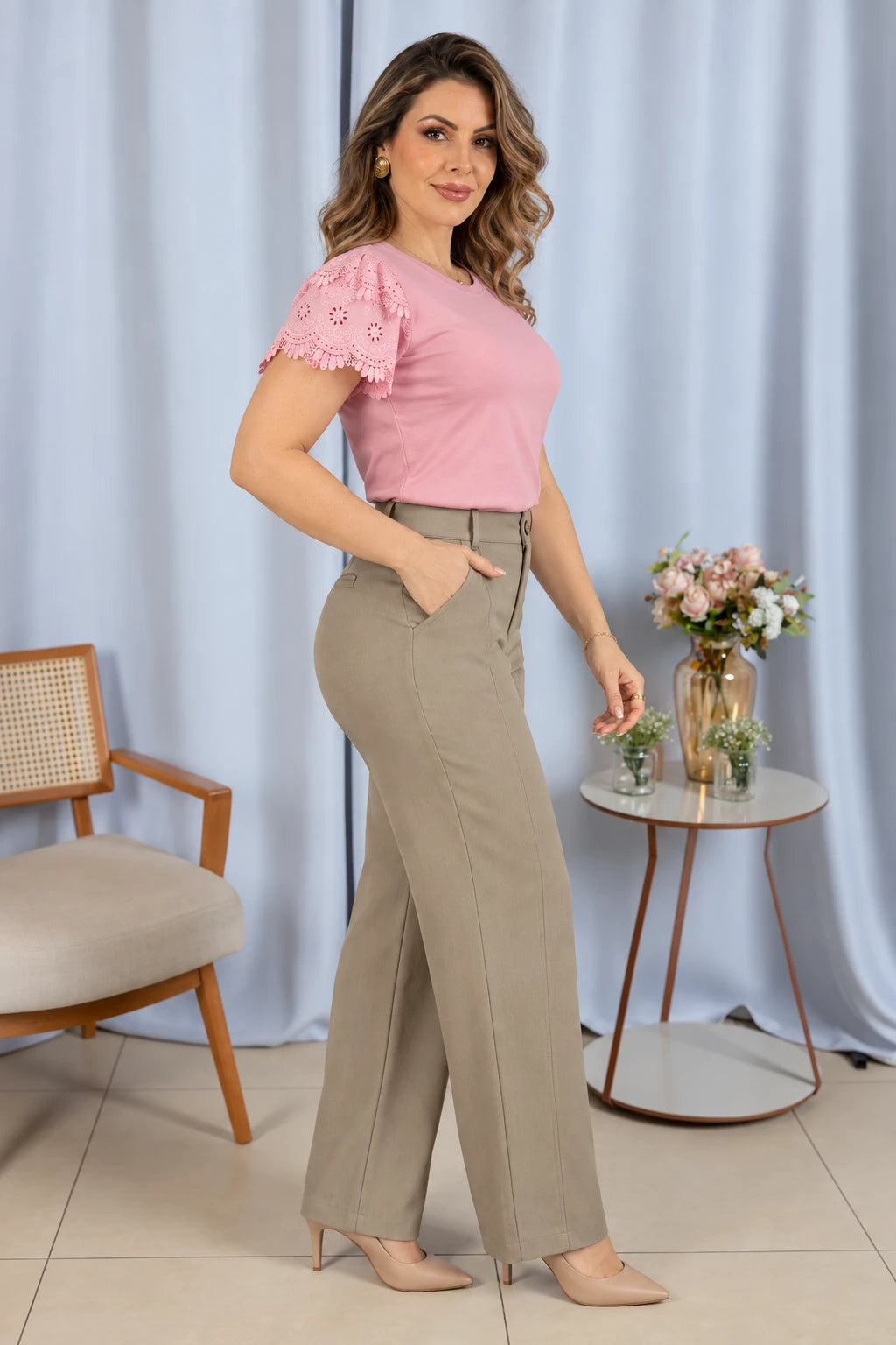 Blusa Cotton Lycra com Manga em Laise Delicado Lisandra Rosa