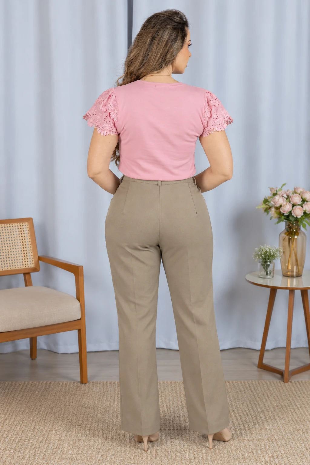 Blusa Cotton Lycra com Manga em Laise Delicado Lisandra Rosa