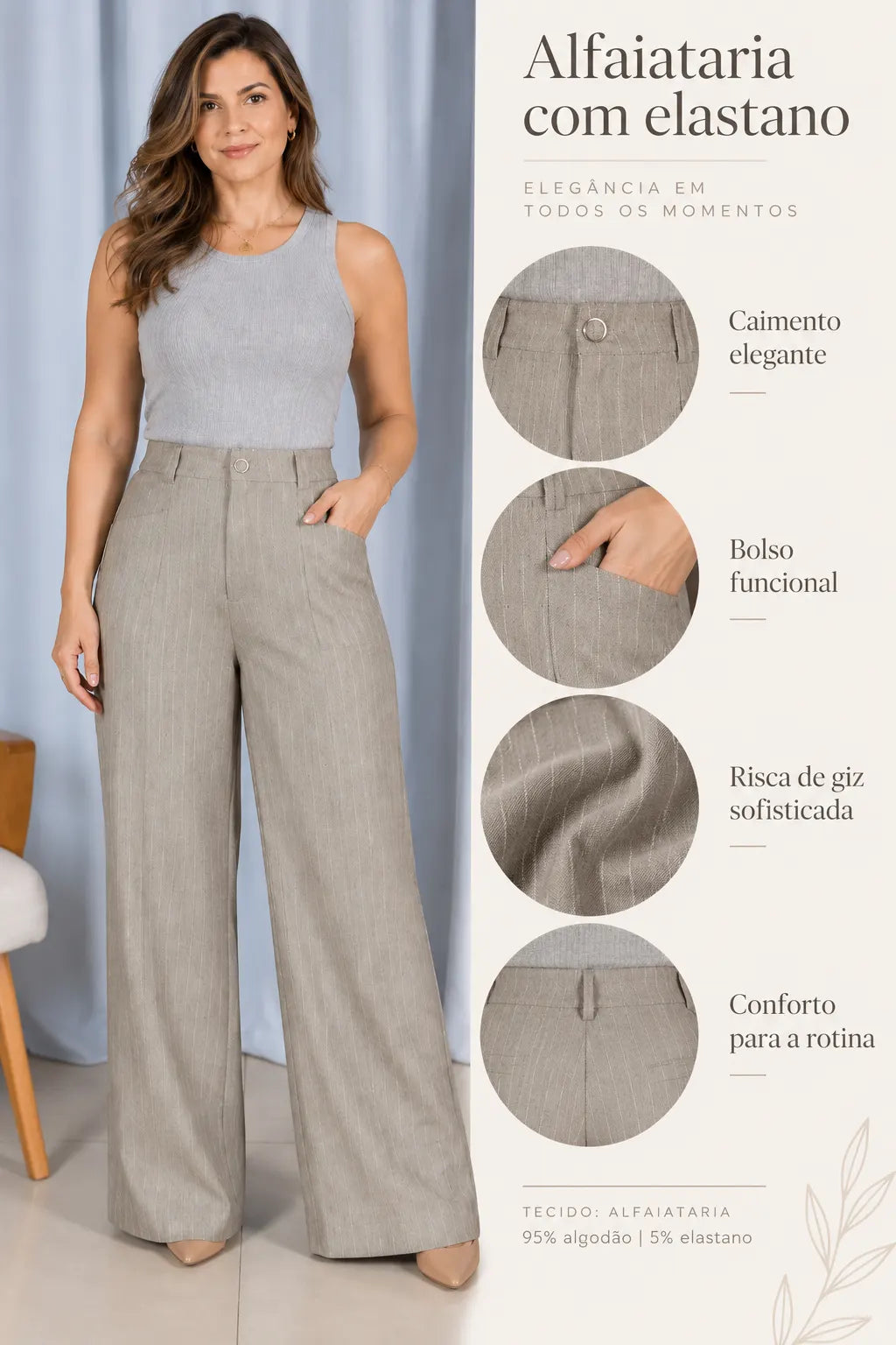 Calça Reta Elegante Risca de Giz Luara Caqui