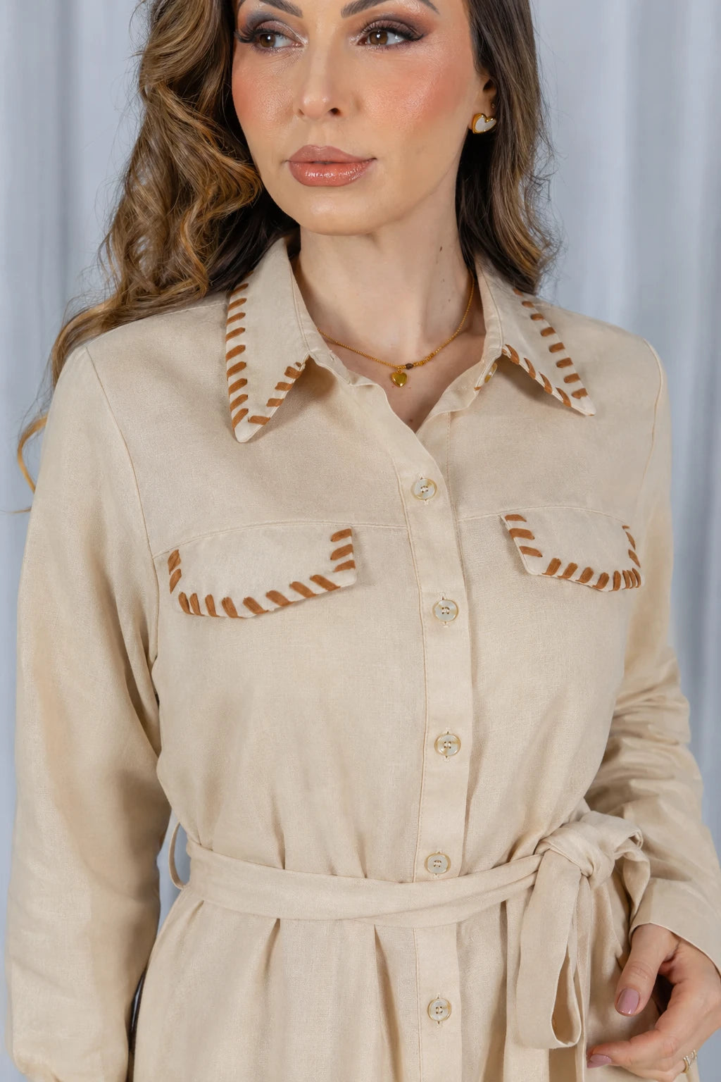 Chemise Suede Pesponto Sofisticado Luna Creme