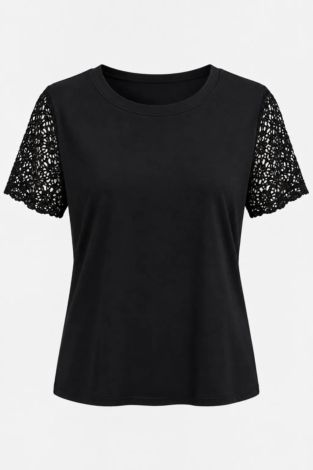 Blusa em Cotton Lycra com Manga em Renda Efeito Crochê Madalena Preta