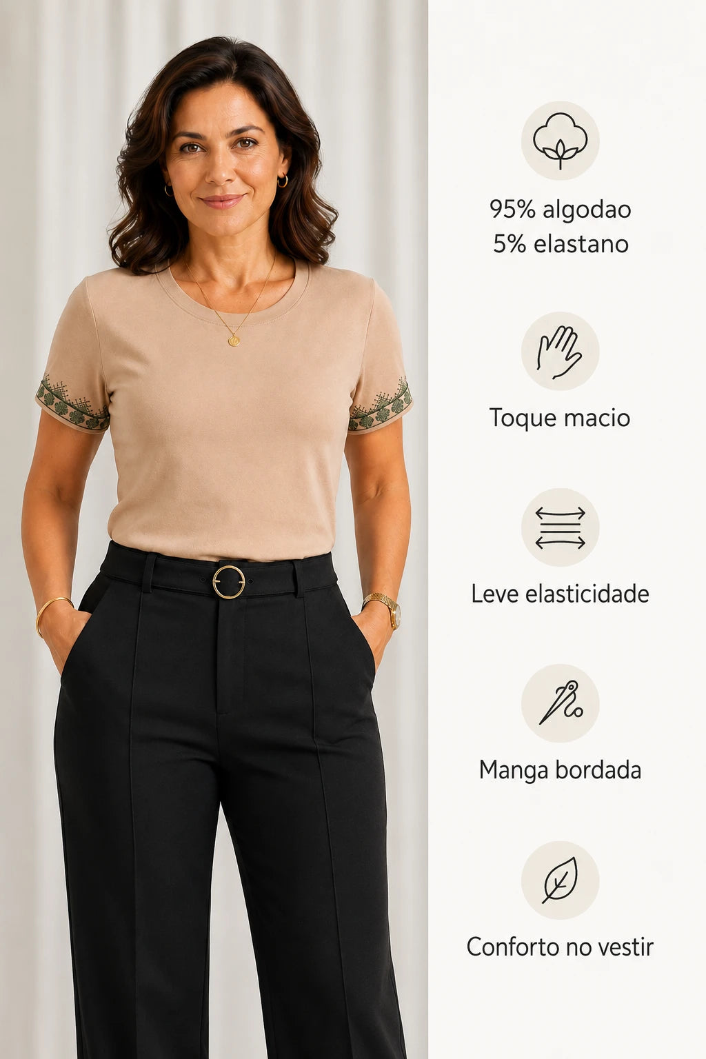 Blusa Cotton Lycra com Bordado Delicado Mariana Bege