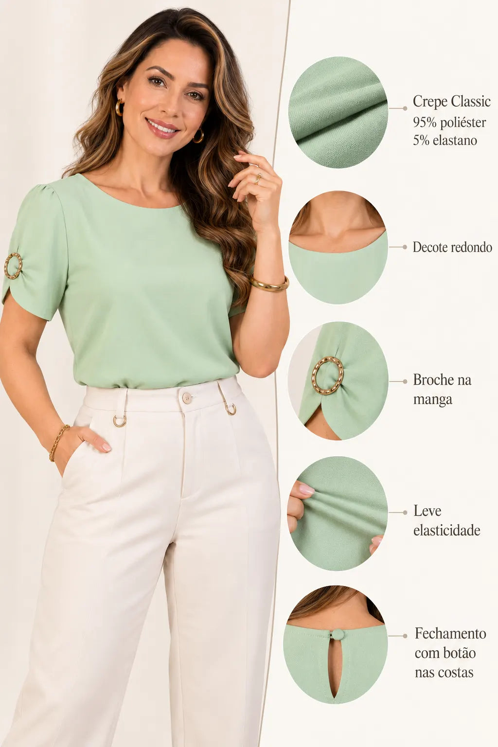 Blusa Manga Curta em Crepe Classic com Broche na Manga Nádia Verde