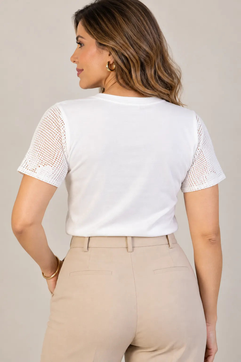 Blusa em Cotton Lycra com Manga Trabalhada em Renda Naiara Branca