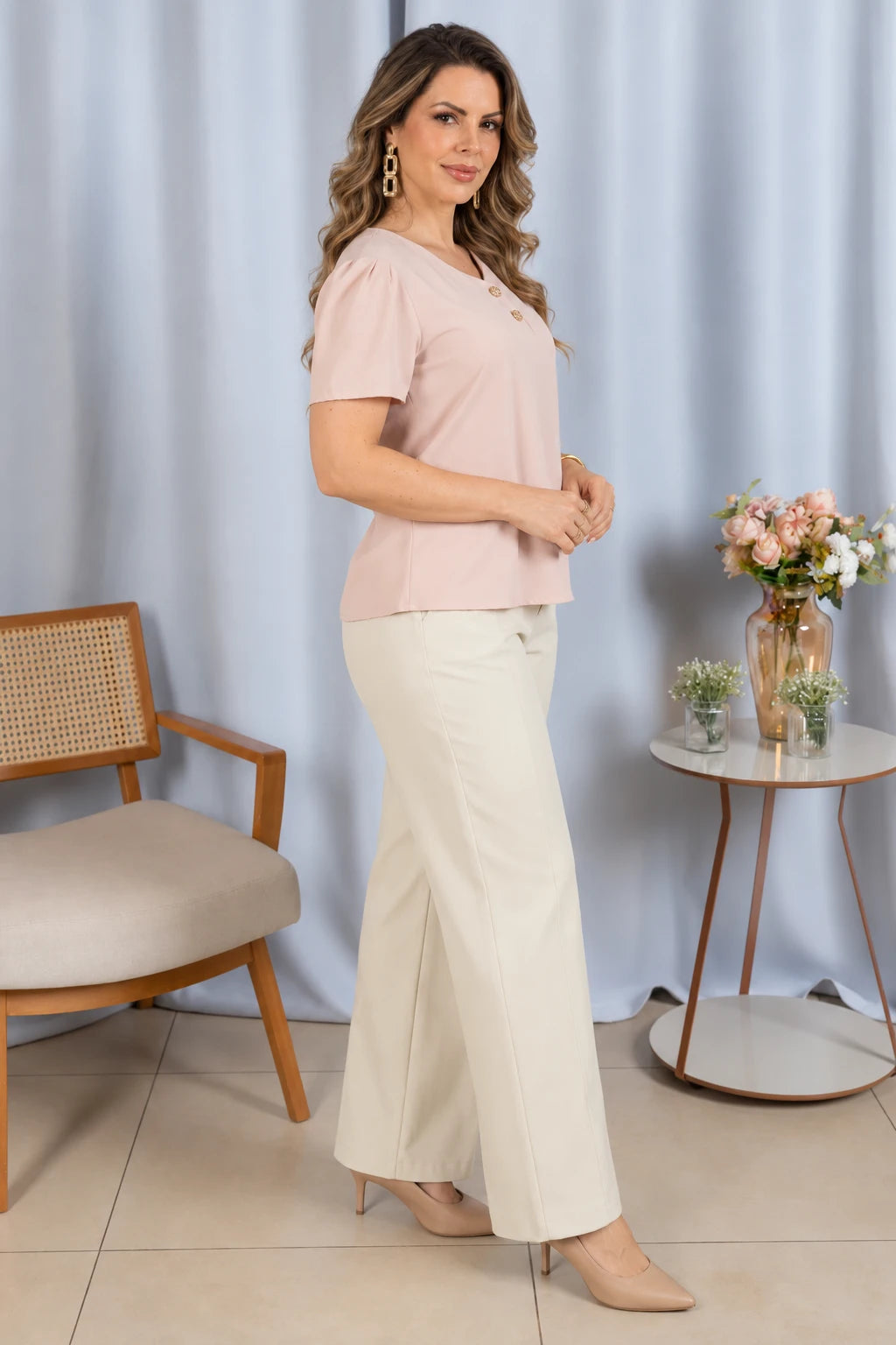 Blusa Em Crepe Classic Detalhe Botão Natani Rose