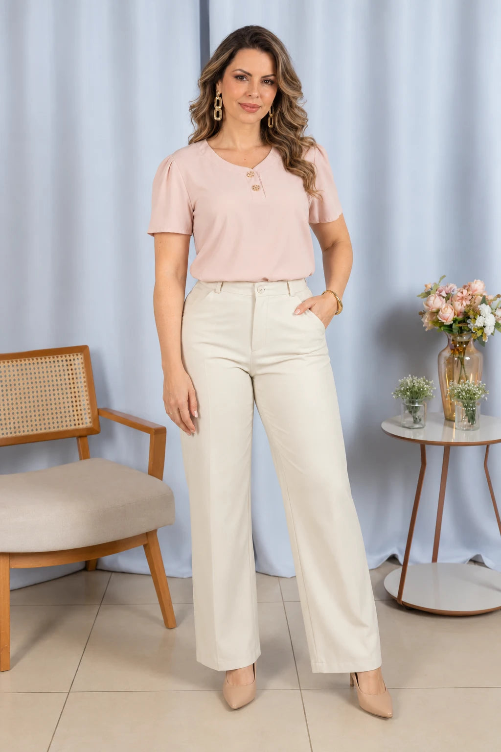 Blusa Em Crepe Classic Detalhe Botão Natani Rose