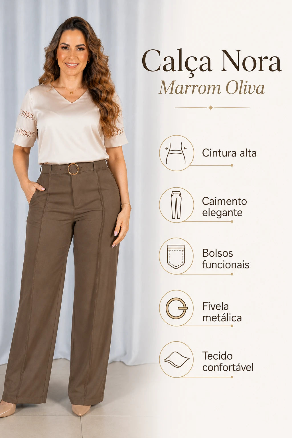 Calça Alfaiataria Corte Reto com Friso Nora Marrom Oliva