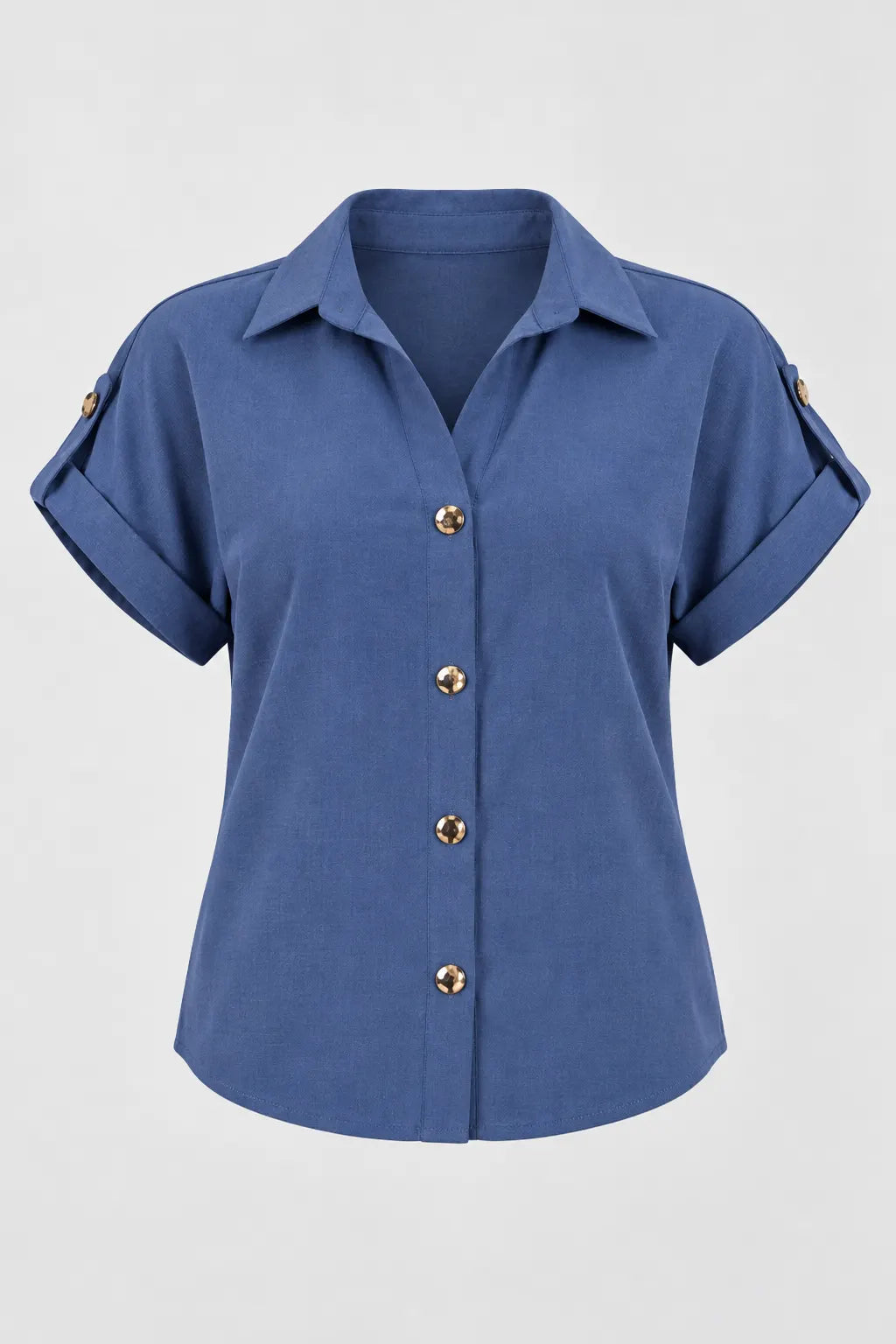 Camisa Manga Curta em Crepe Confort com Botões Dourados Penélope Azul