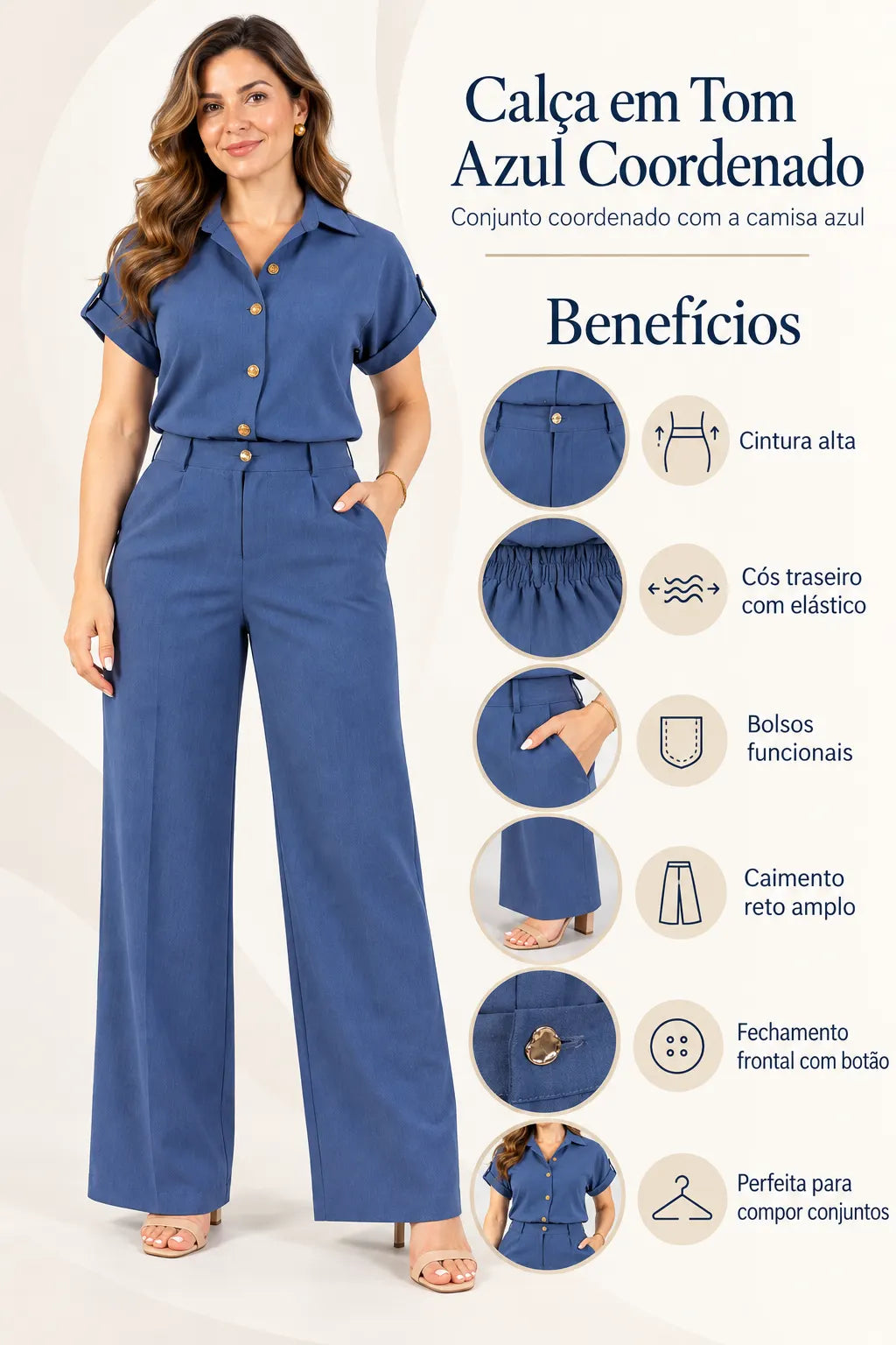Calça em Crepe Confort com Botão Dourado Penélope Azul