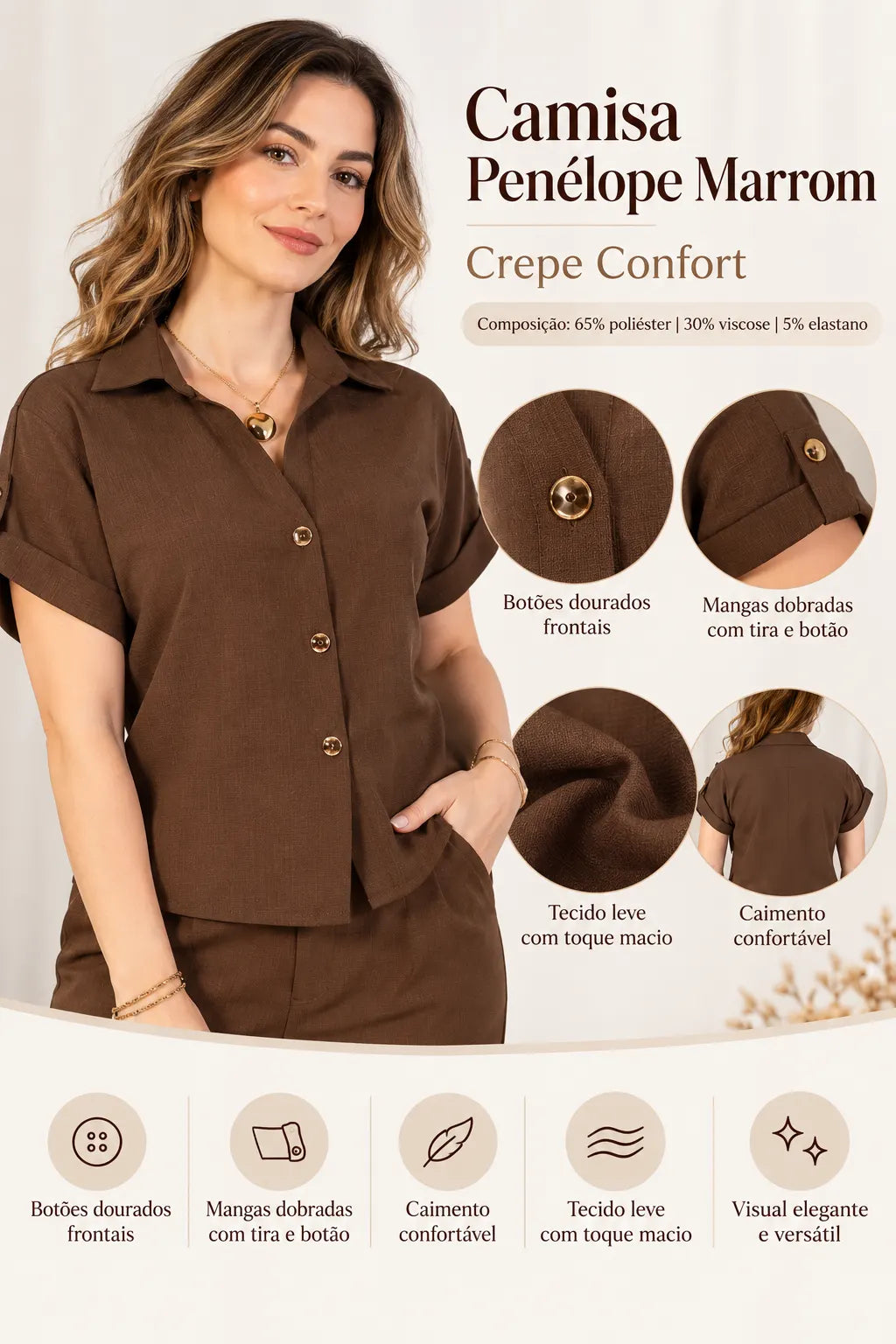 Camisa Manga Curta em Crepe Confort com Botões Dourados Penélope Marrom