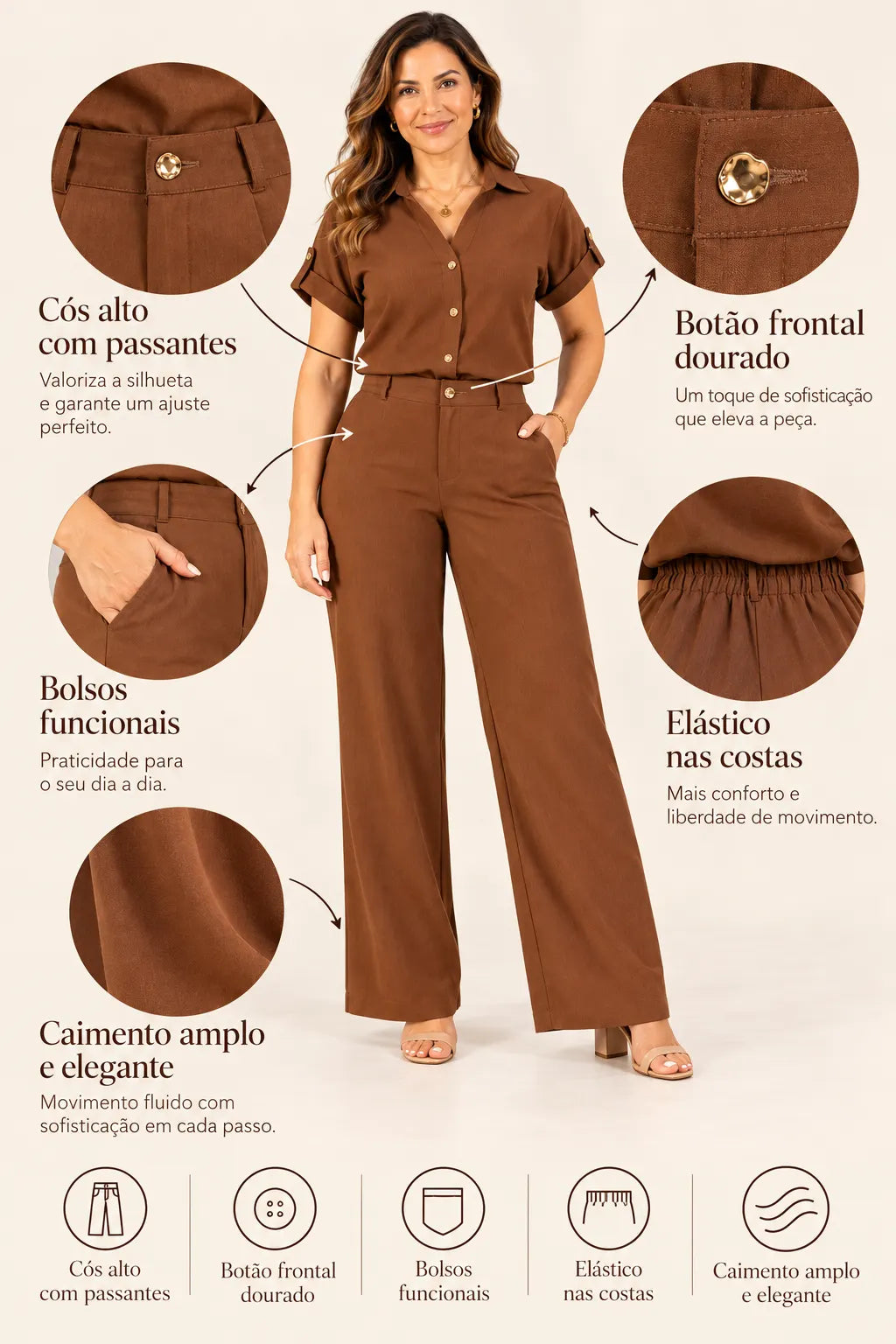 Calça em Crepe Confort com Botão Dourado Penélope Marrom