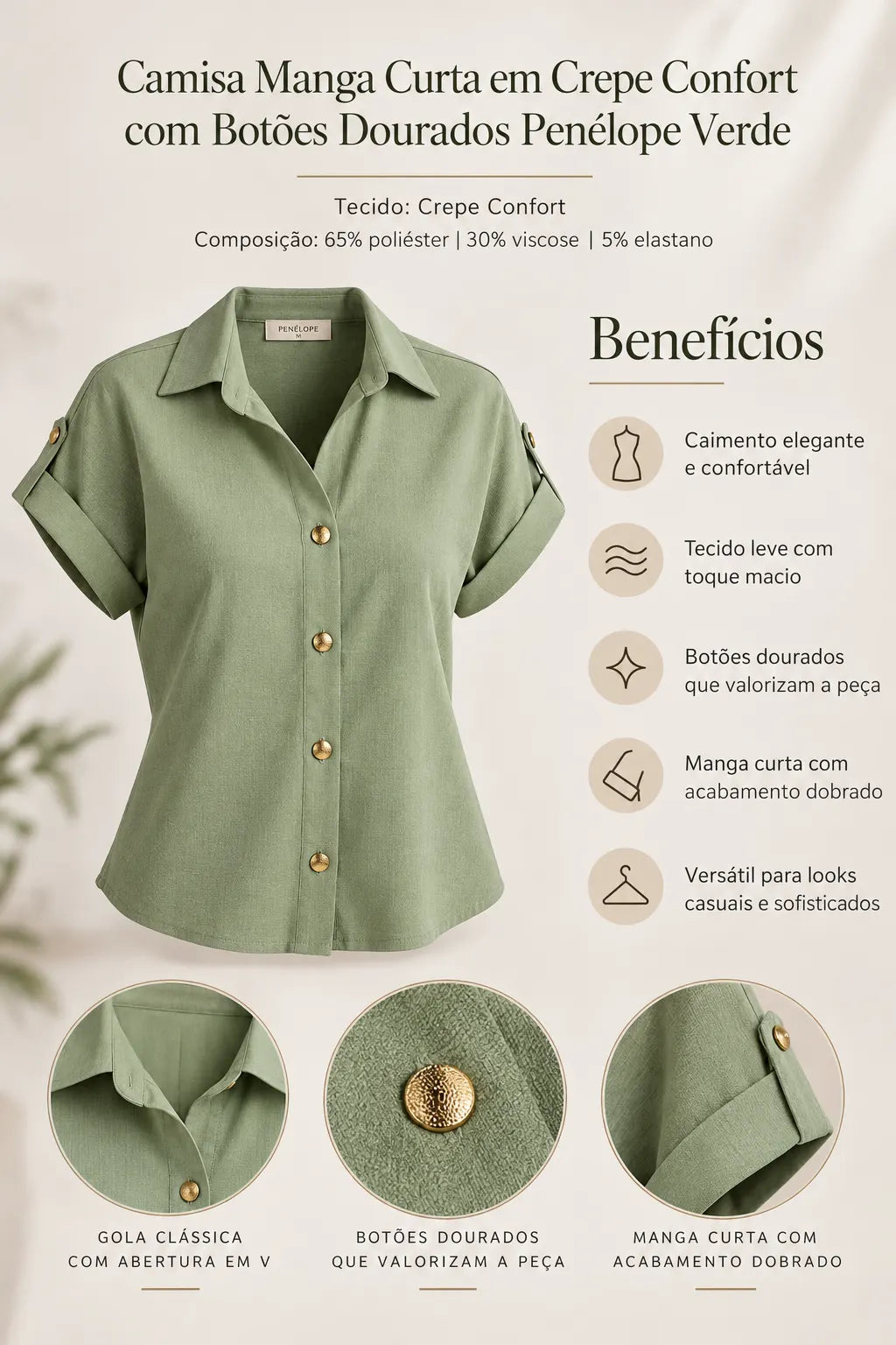 Camisa Manga Curta em Crepe Confort com Botões Dourados Penélope Verde