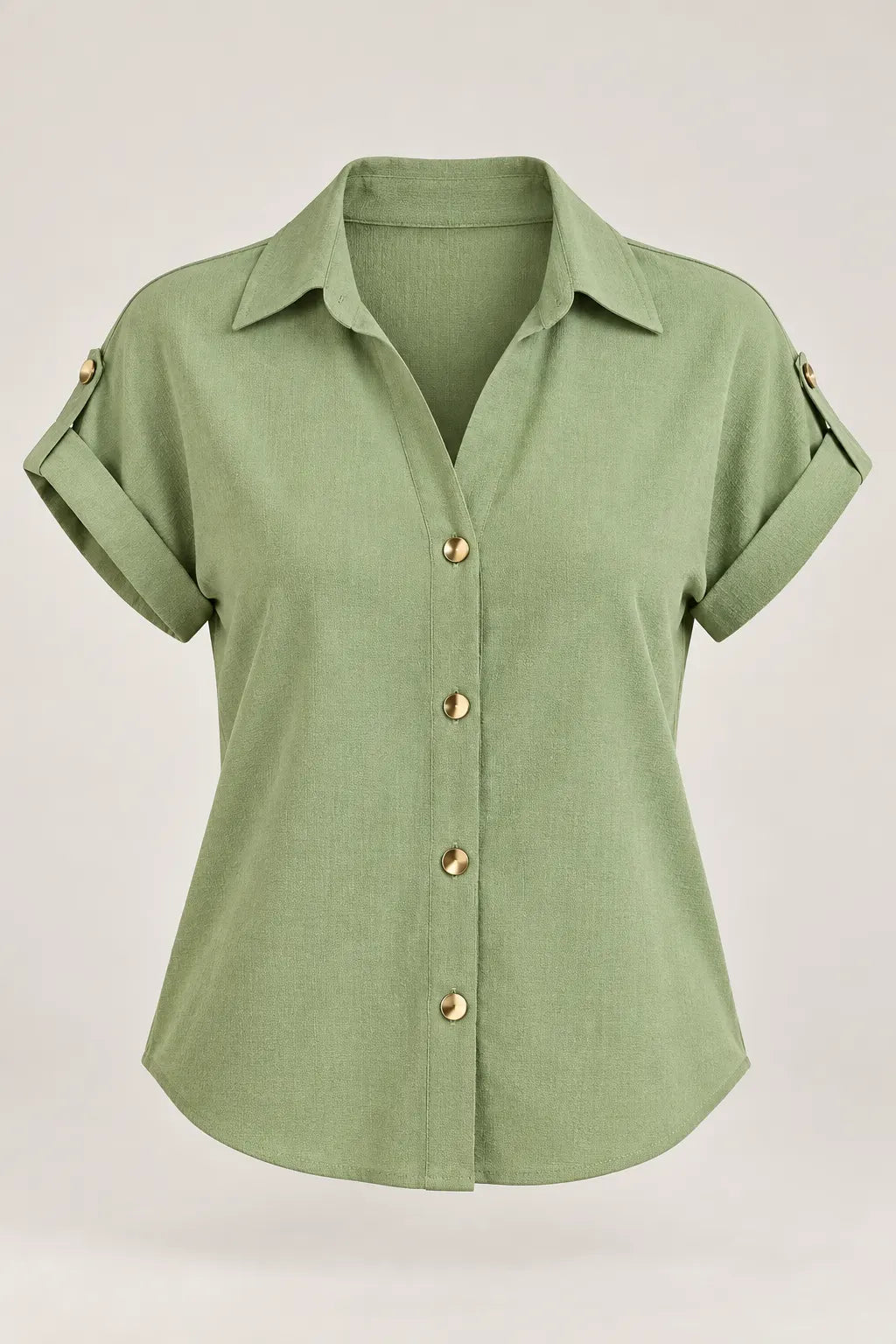 Camisa Manga Curta em Crepe Confort com Botões Dourados Penélope Verde