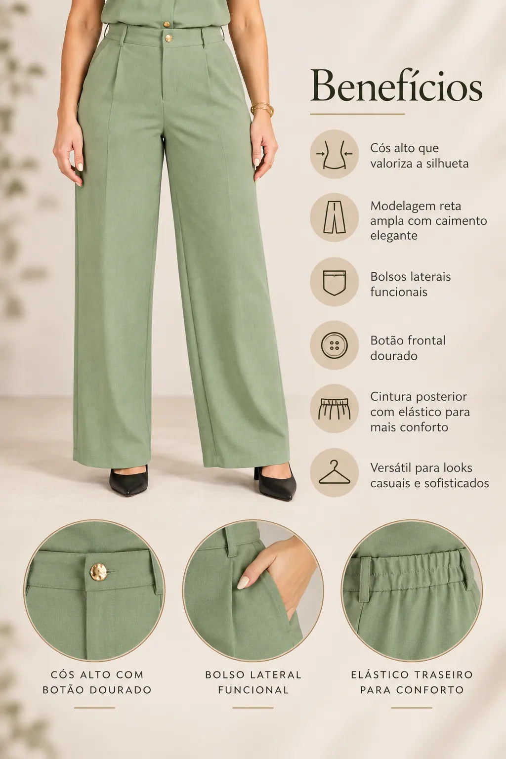 Calça em Crepe Confort com Botão Dourado Penélope Verde