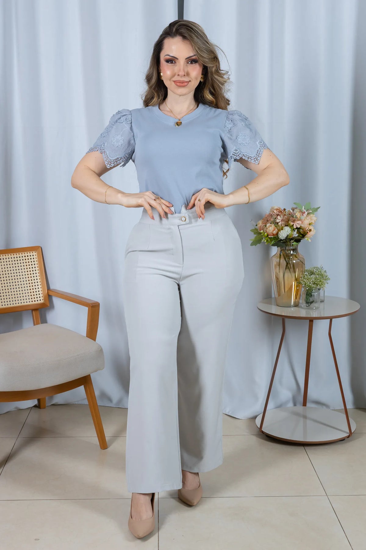 Blusa Cotton Lycra com Manga Delicada Aline Azul