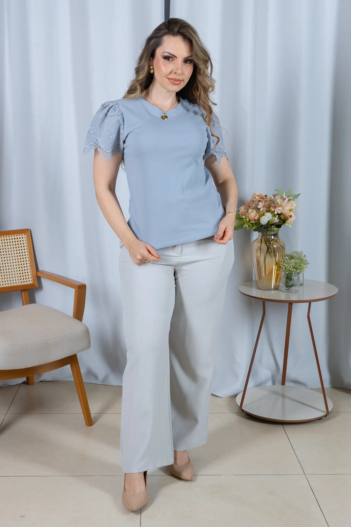 Blusa Cotton Lycra com Manga Delicada Aline Azul