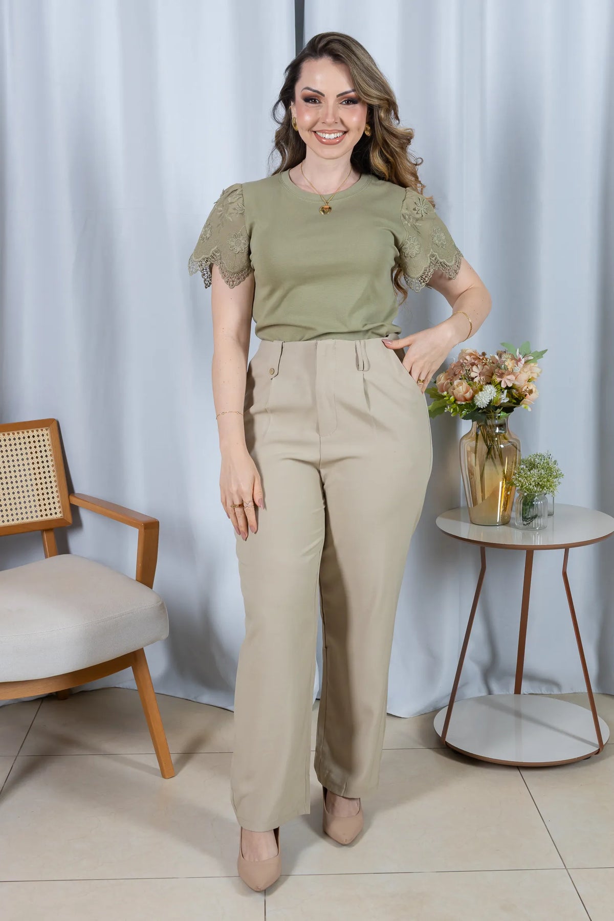 Blusa Cotton Lycra com Manga Delicada Aline Verde