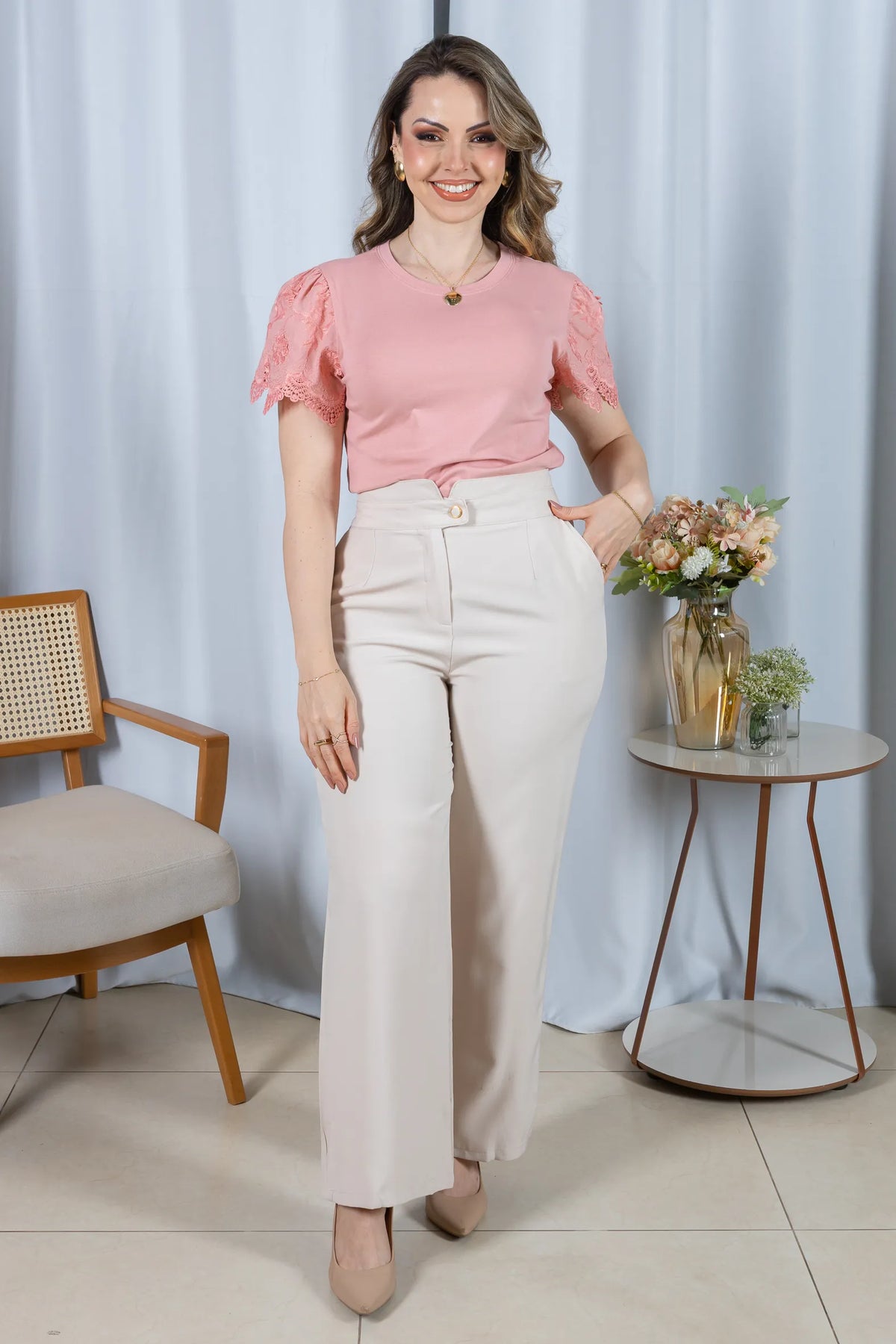 Blusa Cotton Lycra com Manga Delicada Aline Rosa