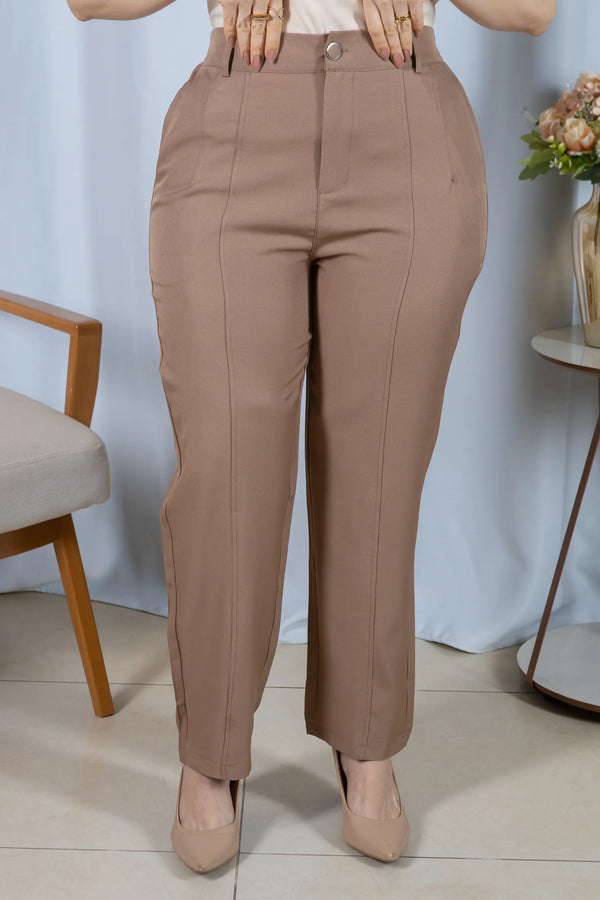 Calça Corte Reto com Friso e Cós em Elástico Alice Marrom Claro