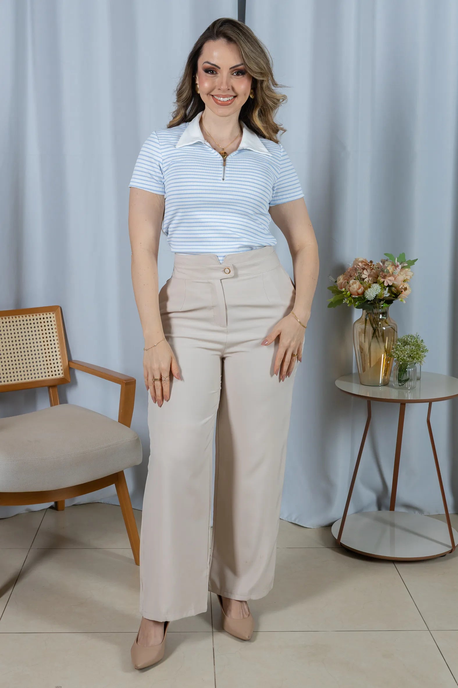 Blusa Modal Listrada com Gola Camisa Melinda Azul