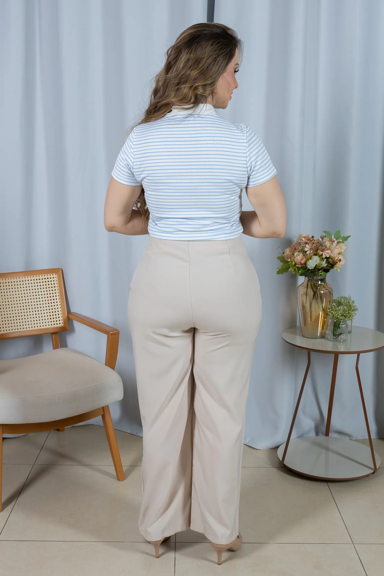 Blusa Modal Listrada com Gola Camisa Melinda Azul