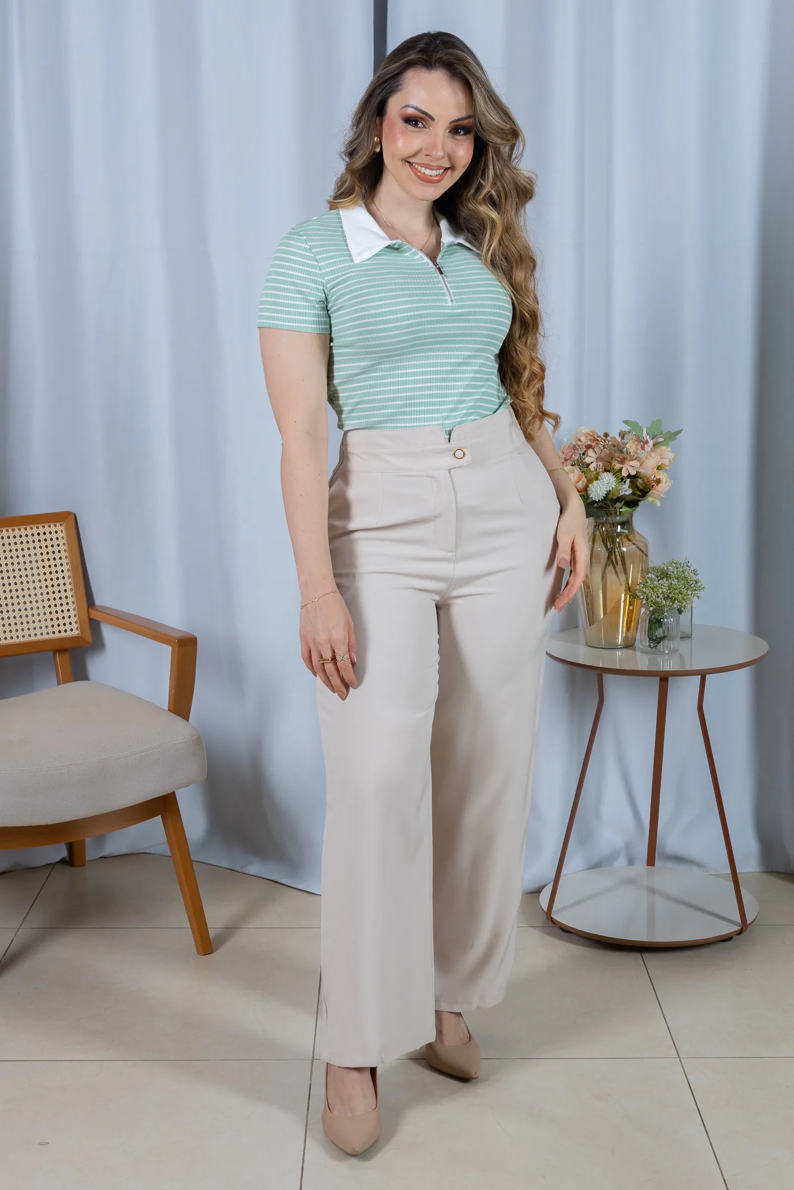 Blusa Modal Listrada com Gola Camisa Melinda Verde