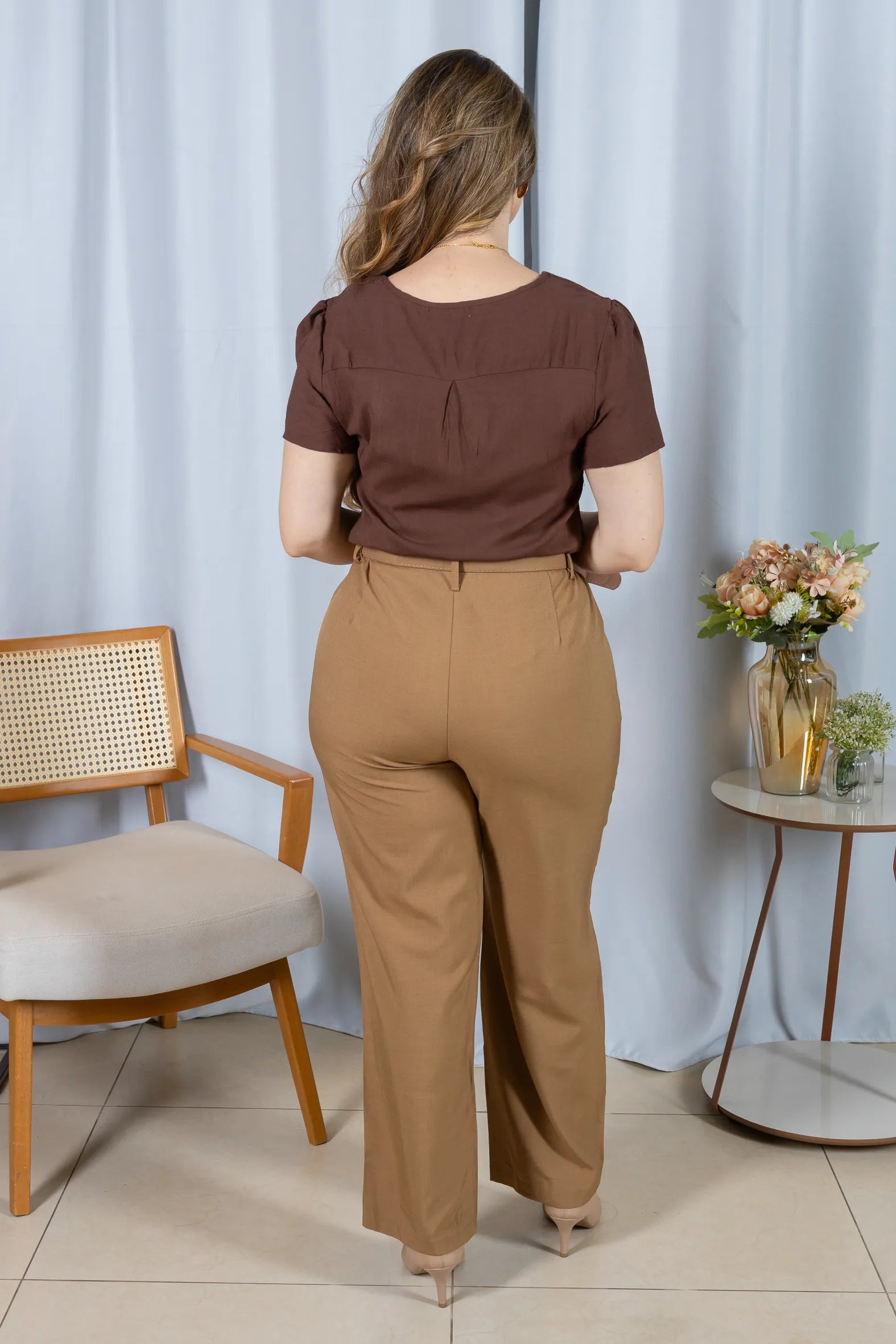 Blusa Visco Linen com Botões Chloe Marrom