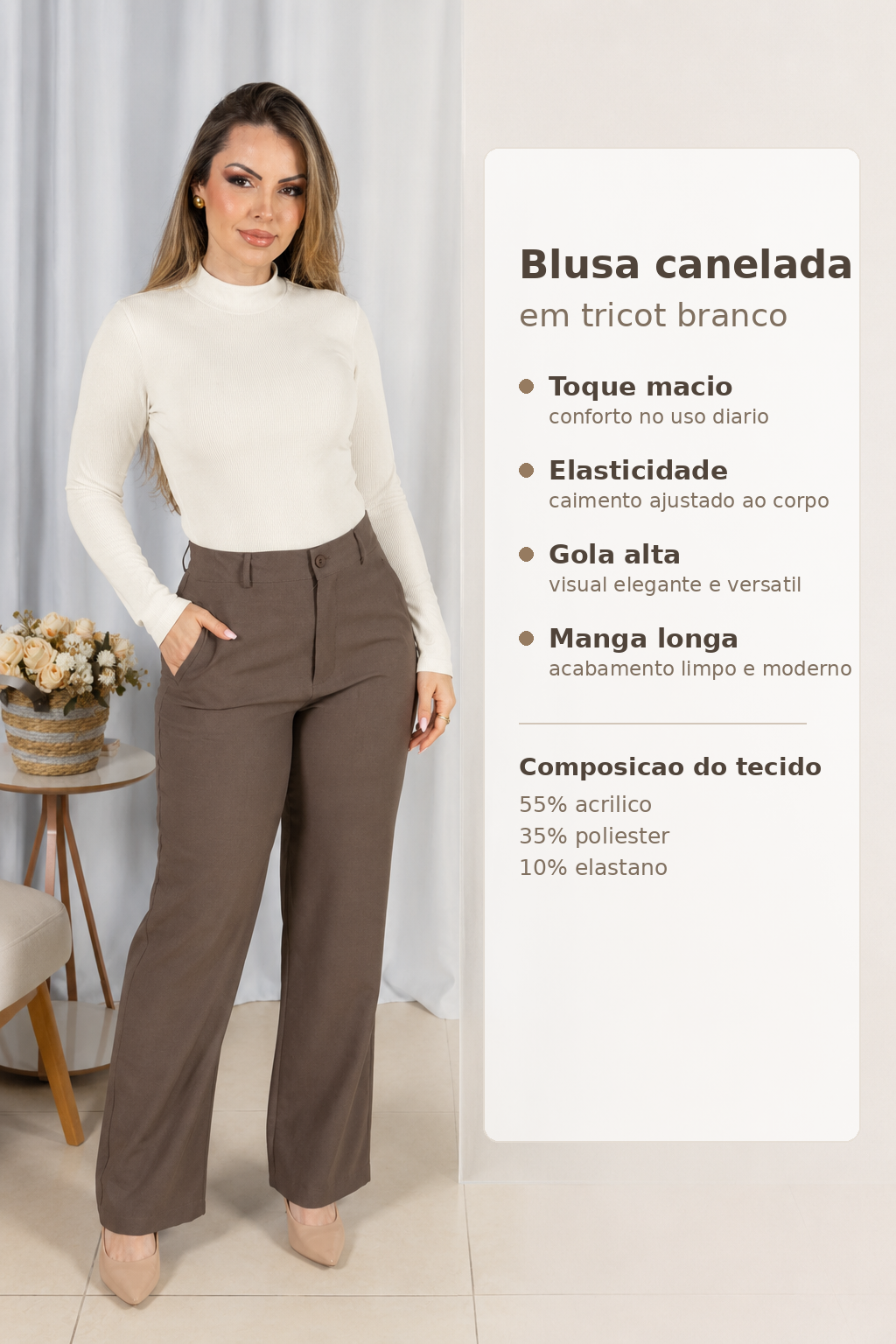 Blusa Manga Longa Malha Canelada Anastácia Branca