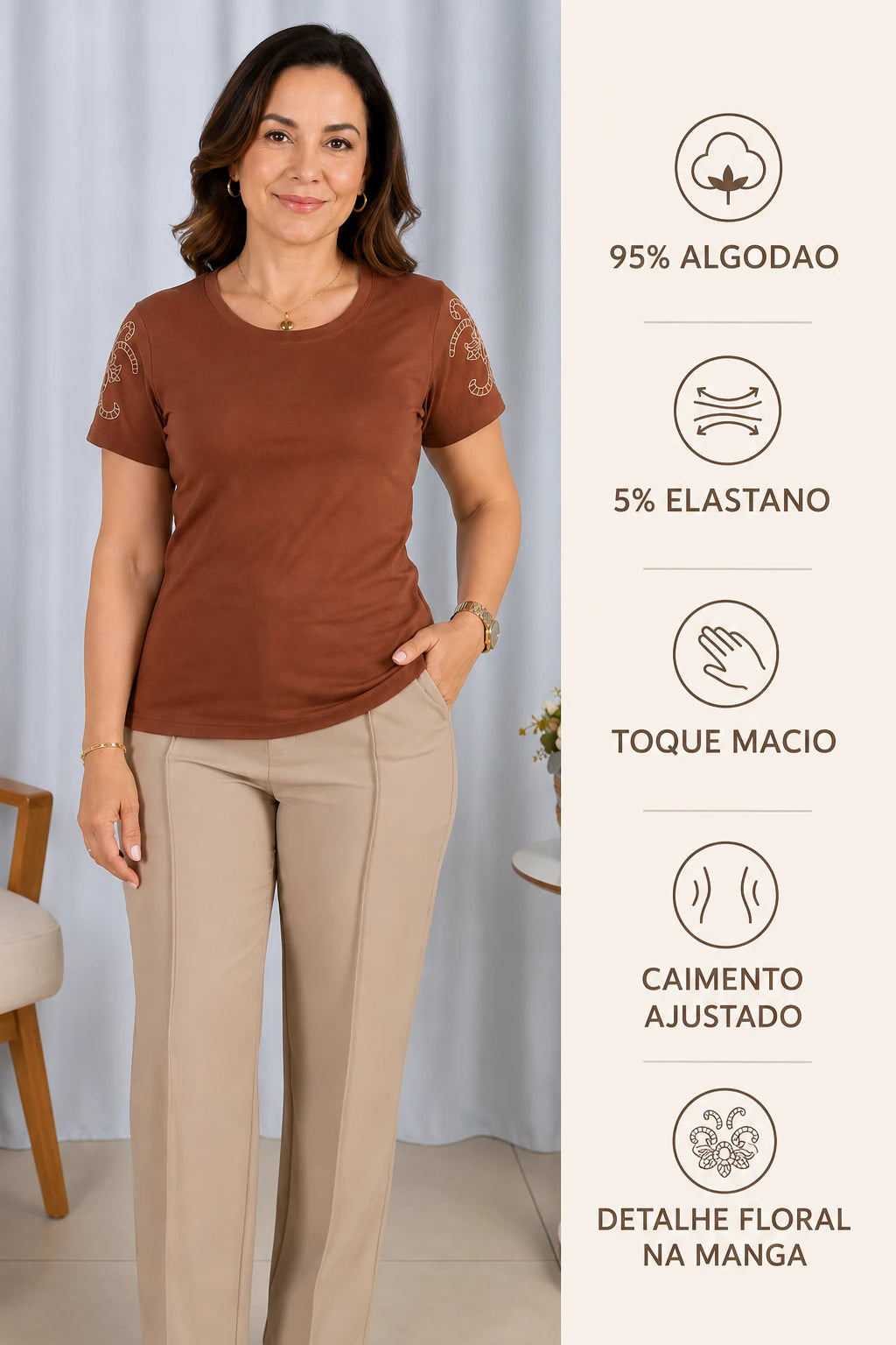 Blusa Cotton Lycra com Bordado Delicado Sabrina Marrom
