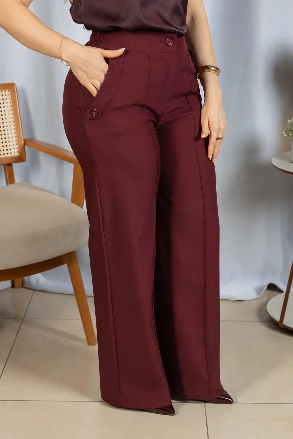 Calça Pantalona Confortável Cós com Elástico Simone Marsala
