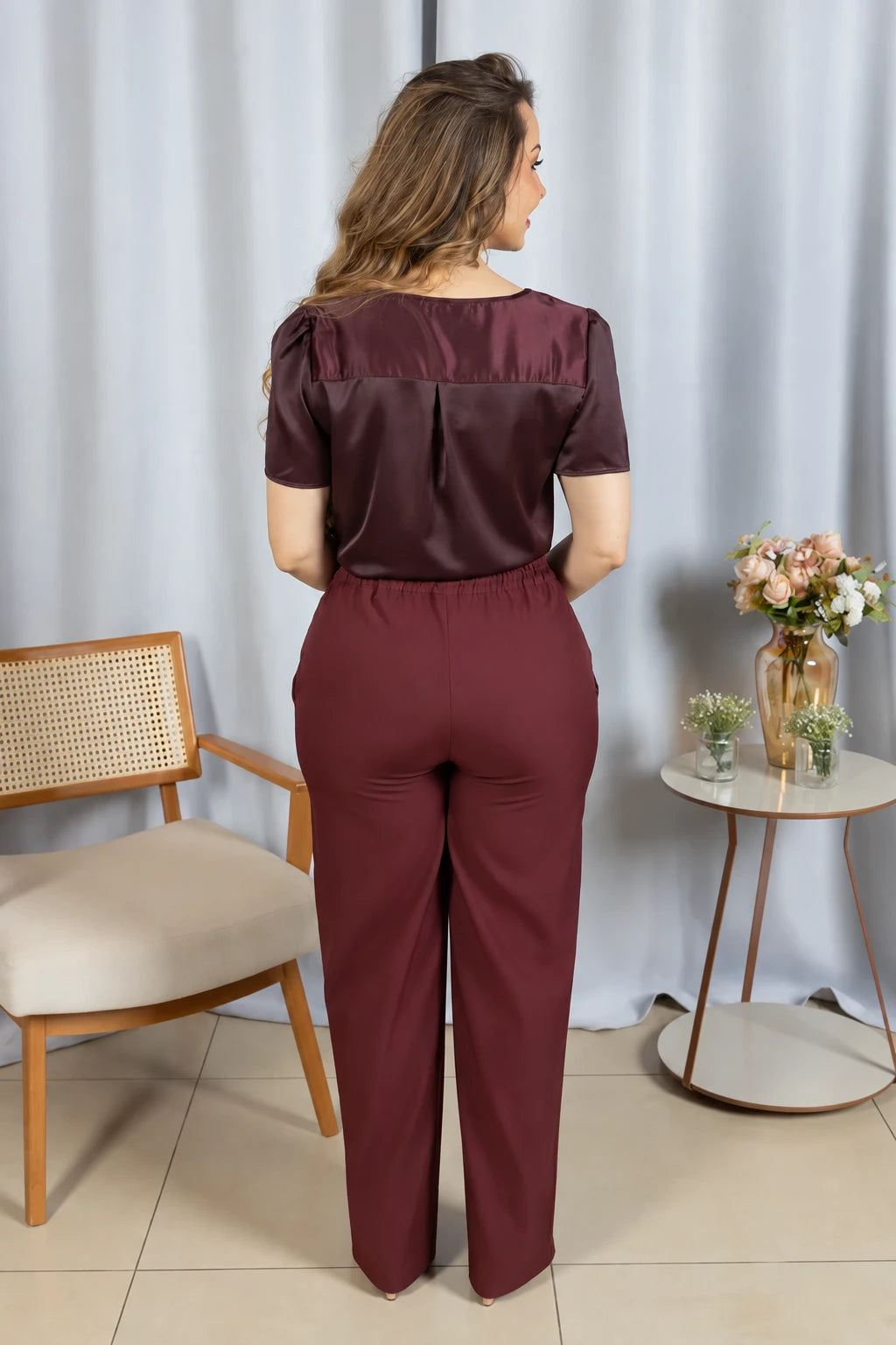 Calça Pantalona Confortável Cós com Elástico Simone Marsala