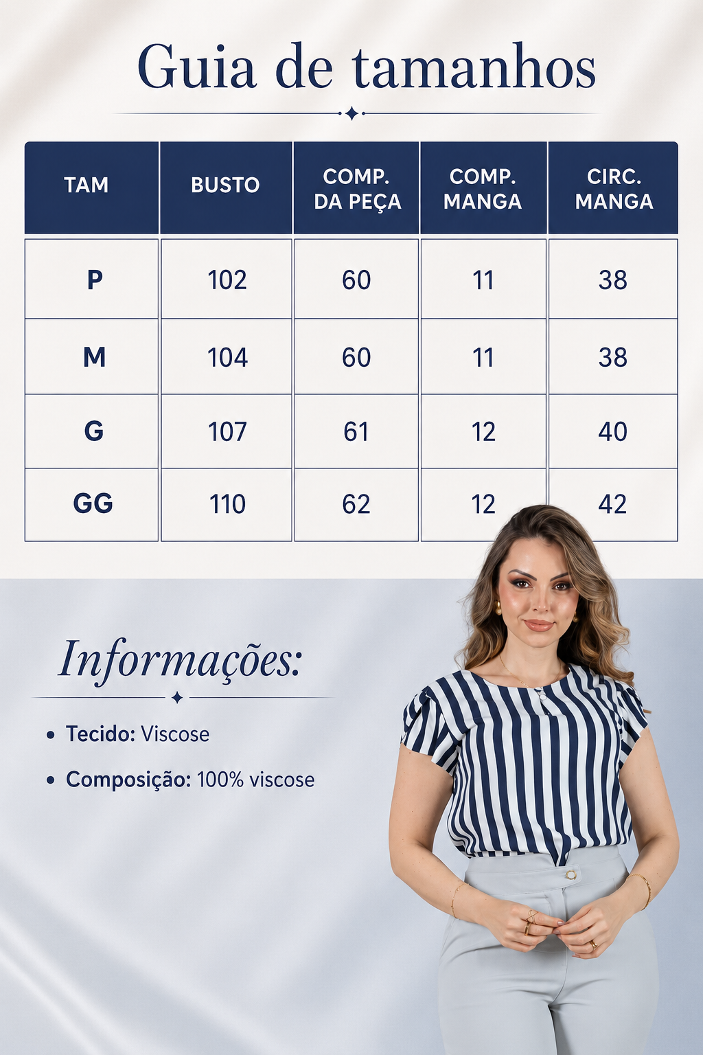 Blusa em Visco Rustic Listrada com Manga Transpassada Adriana Azul Marinho