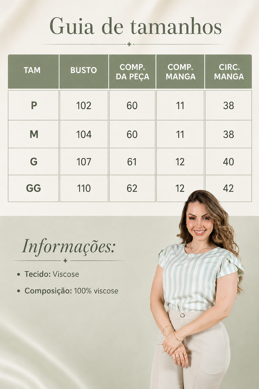 Blusa em Visco Rustic Listrada com Manga Transpassada Adriana Verde