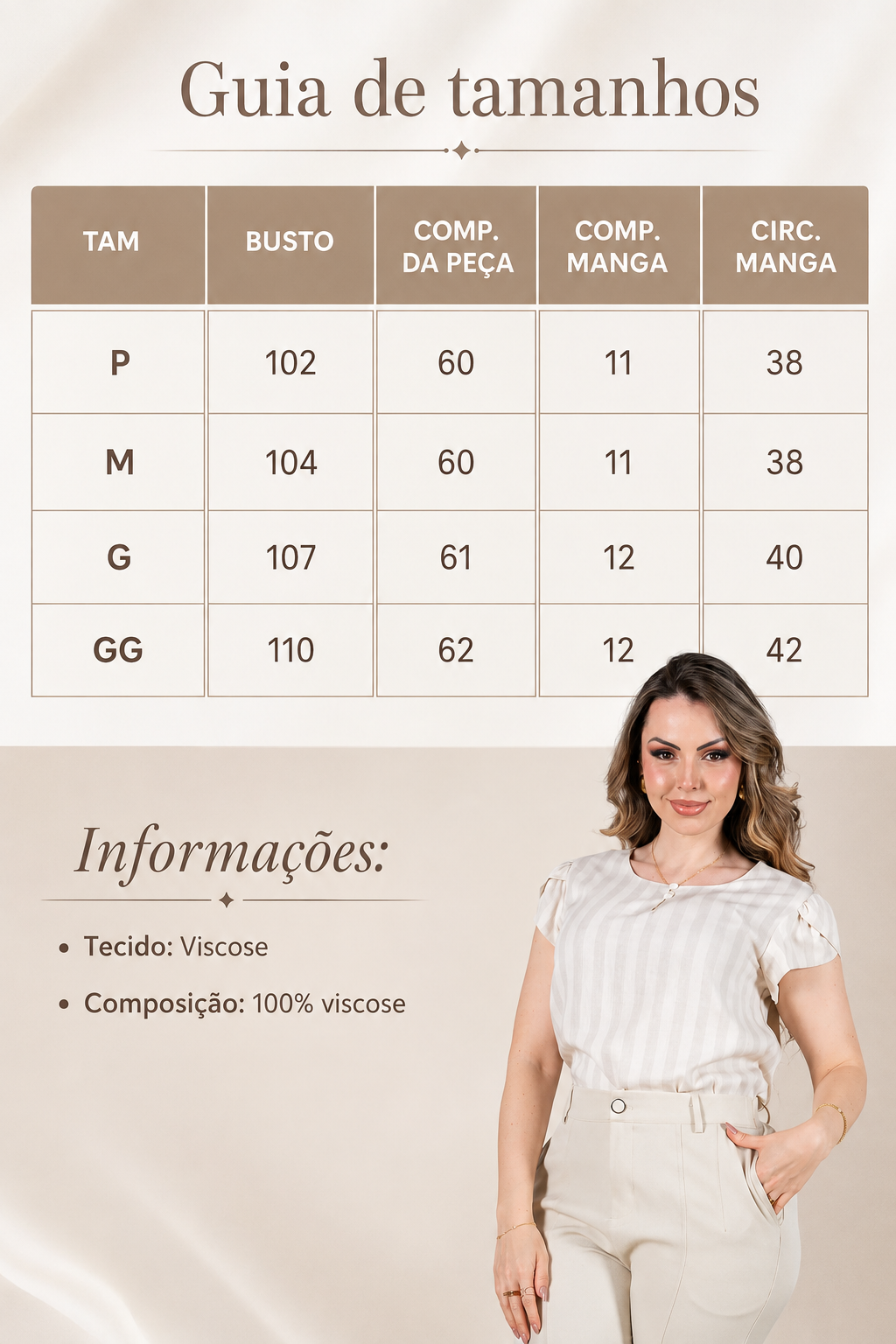 Blusa em Visco Rustic Listrada com Manga Transpassada Adriana Creme