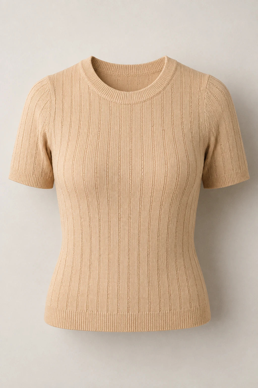 Blusa Manga Curta em Modal Canelado com Meia Gola Talita Bege