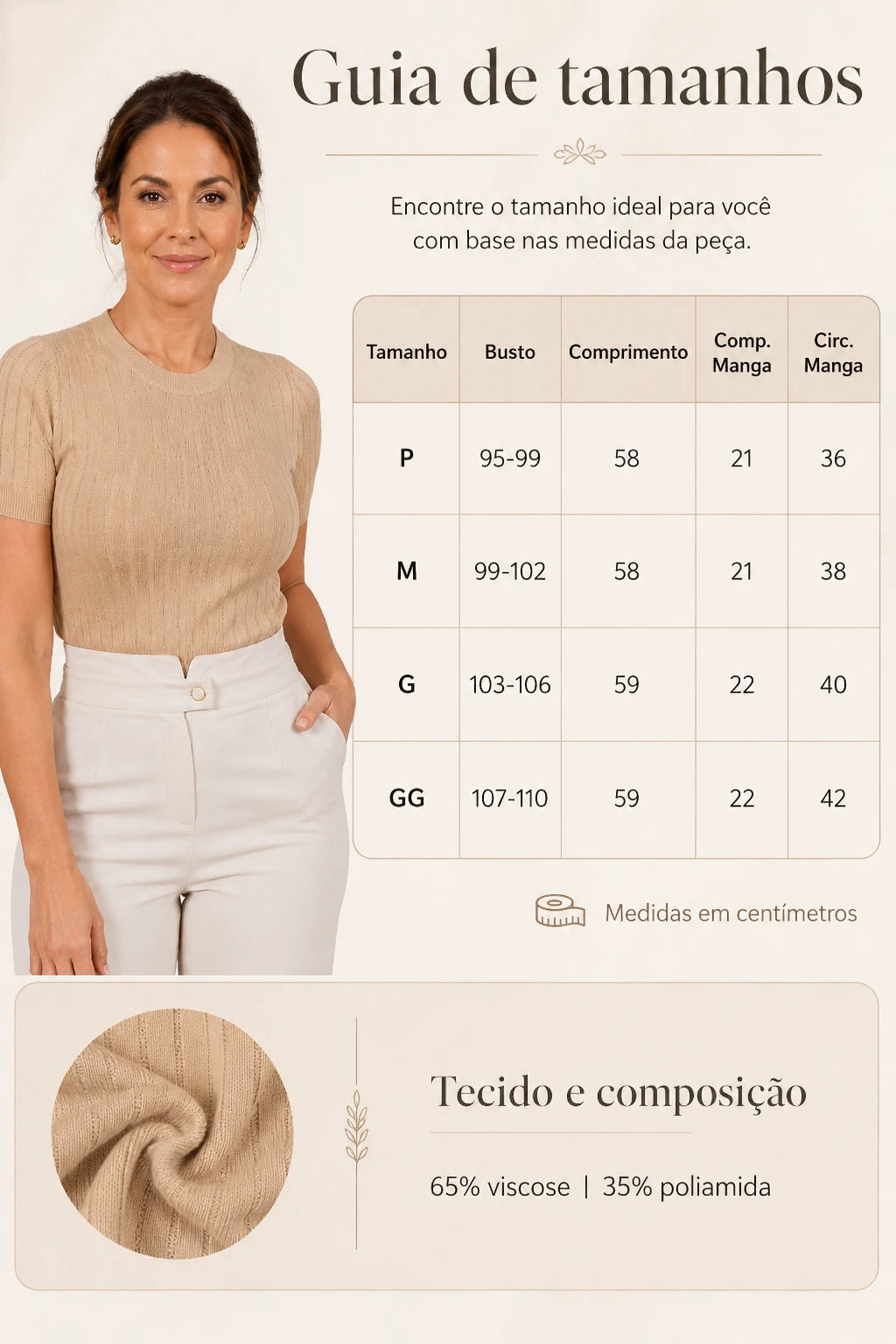 Blusa Manga Curta em Modal Canelado com Meia Gola Talita Bege