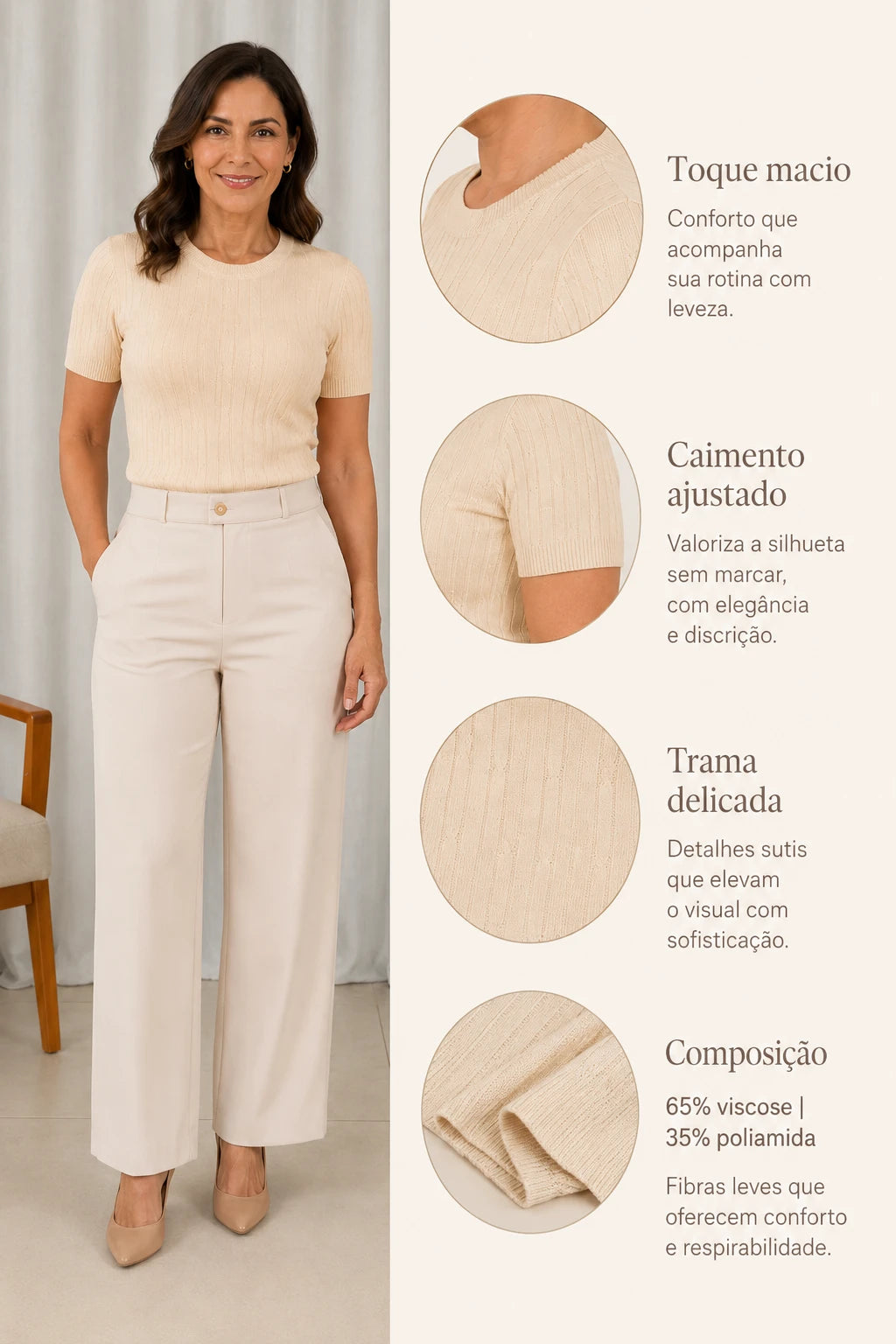 Blusa Manga Curta em Modal Canelado com Meia Gola Talita Creme