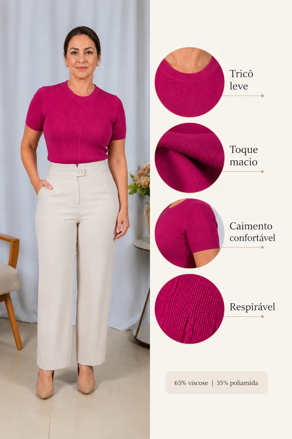 Blusa Manga Curta em Modal Canelado com Meia Gola Talita Fúcsia