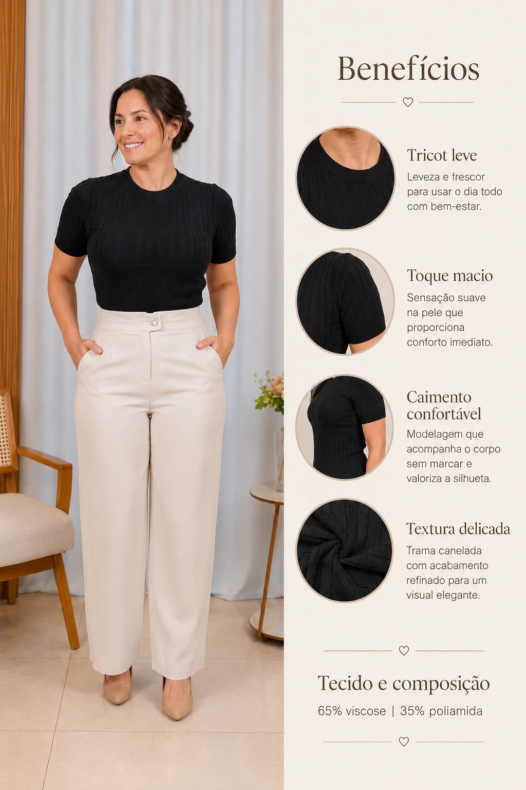 Blusa Manga Curta em Modal Canelado com Meia Gola Talita Preta